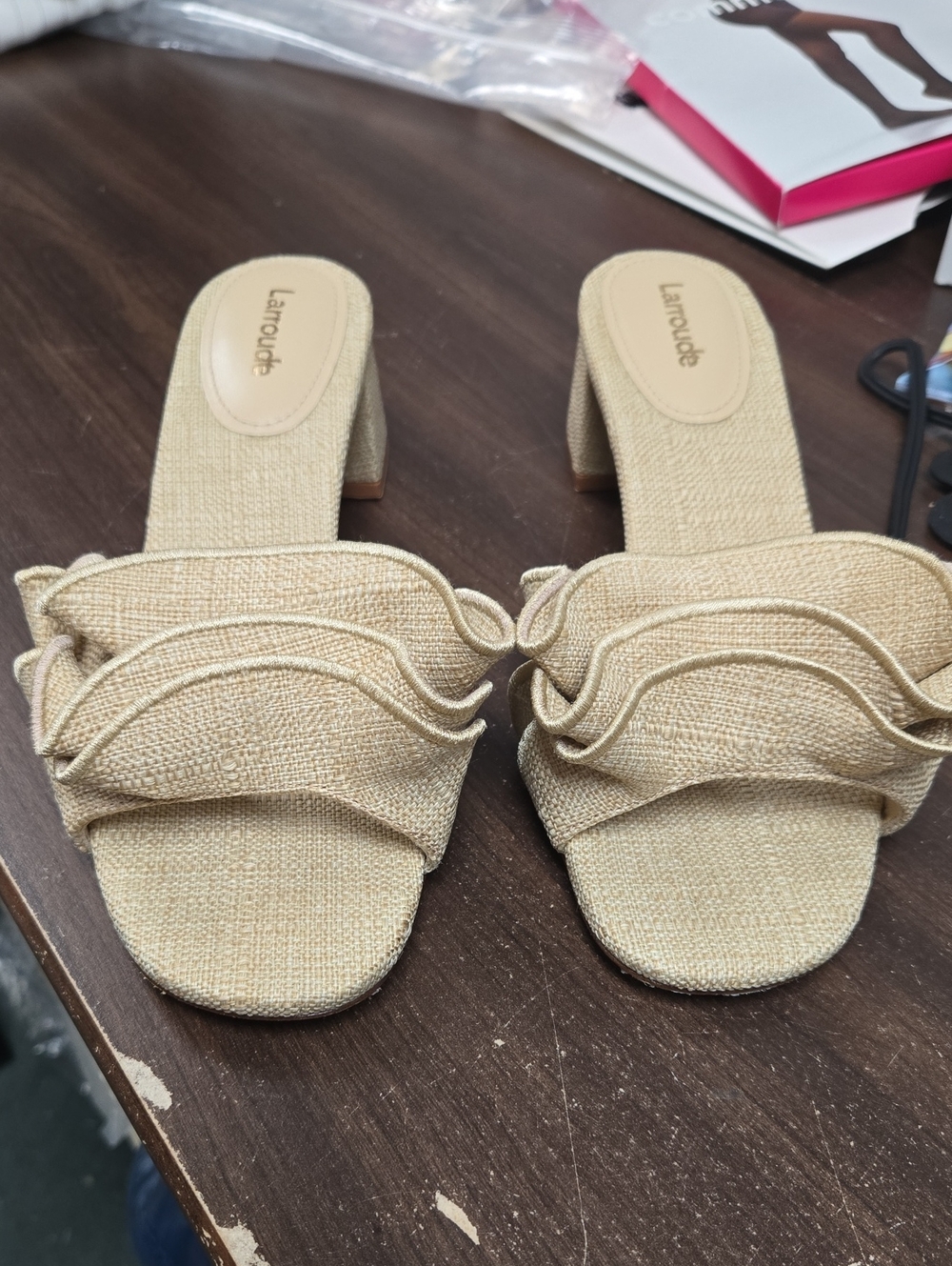 Larroude Size 8.5 Beige Frilly Fabric Slip On Heeled Sandal